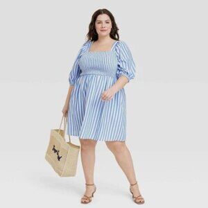 Ava & Viv Striped Smocked Puff Sleeve BabyDoll Mini Dress Size 1X Blue White